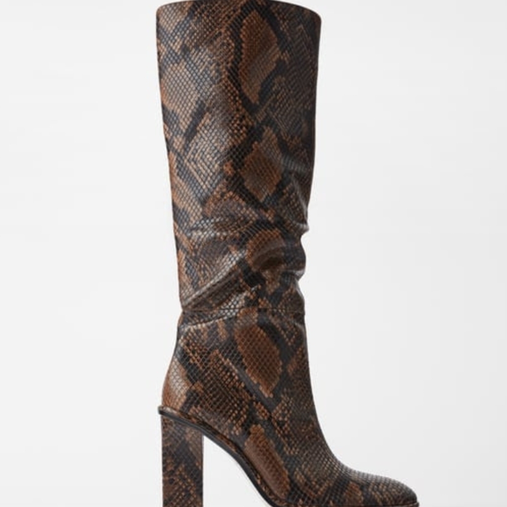 Zara Brown Snake Print Knee-High Boots